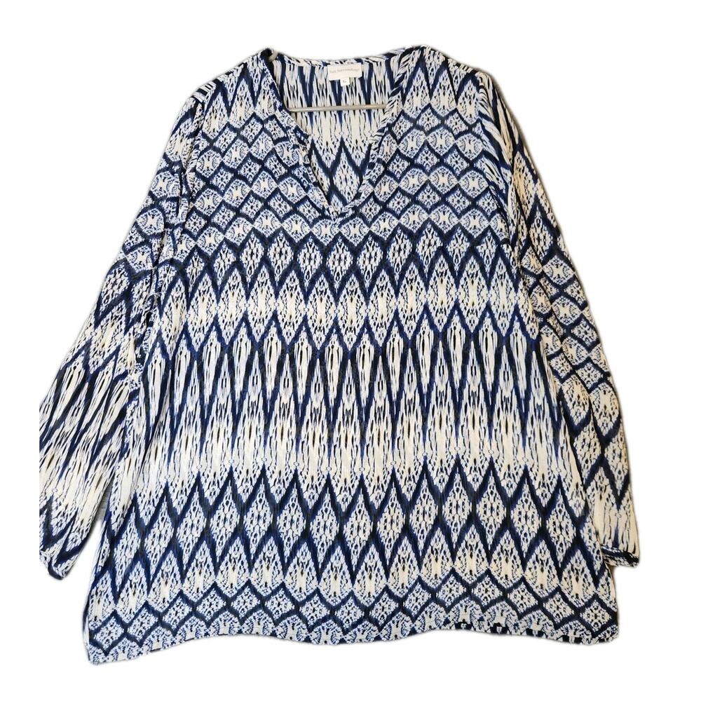Soft Surroundings Blue Off White 3/4 Sleeve Partial Sheer V Neck‎ Tunic Top Sz L